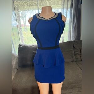 Elegant Blue Maxi Dress with Embellished Neckline